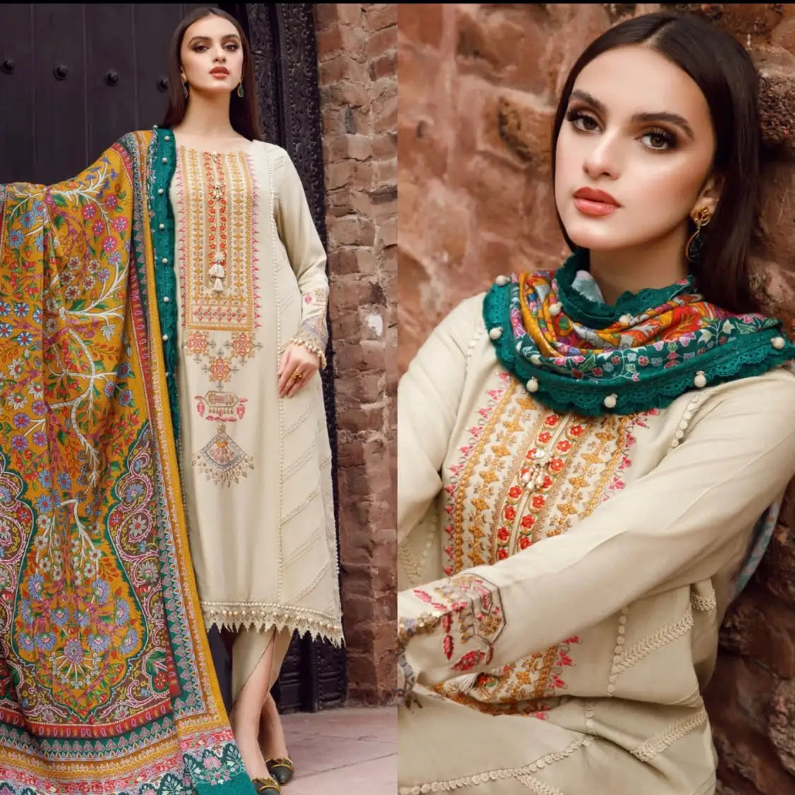 Grace W570-Embroidered 3pc marina dress with Printed shawl